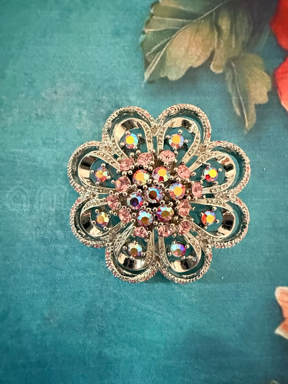 Silver Floral Crystal Brooch with Pink Accents